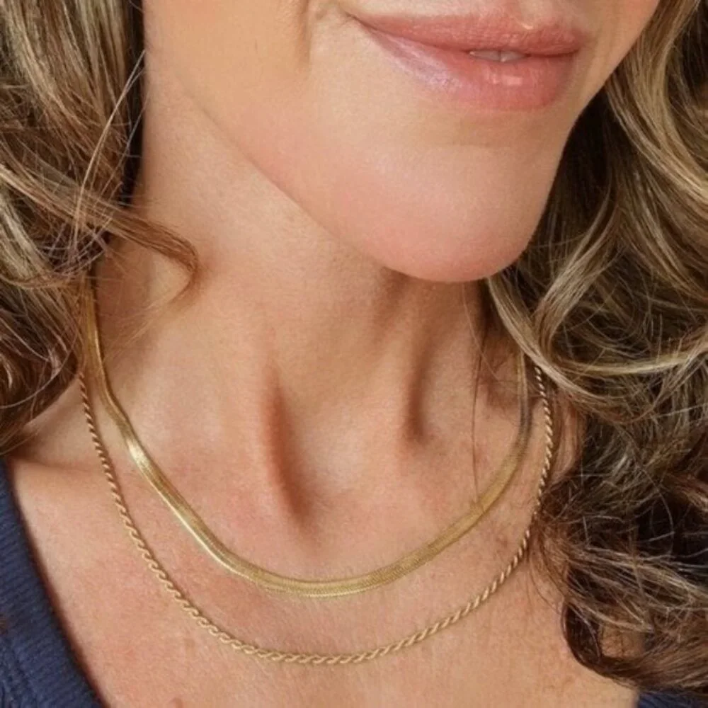 Necklace Layered Gold Herringbone & Gold Rope Chain Necklace WATERPROOF Necklace - Picture 7 of 13
